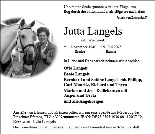 Traueranzeige Jutta Langels - Gestt Hmelschenburg